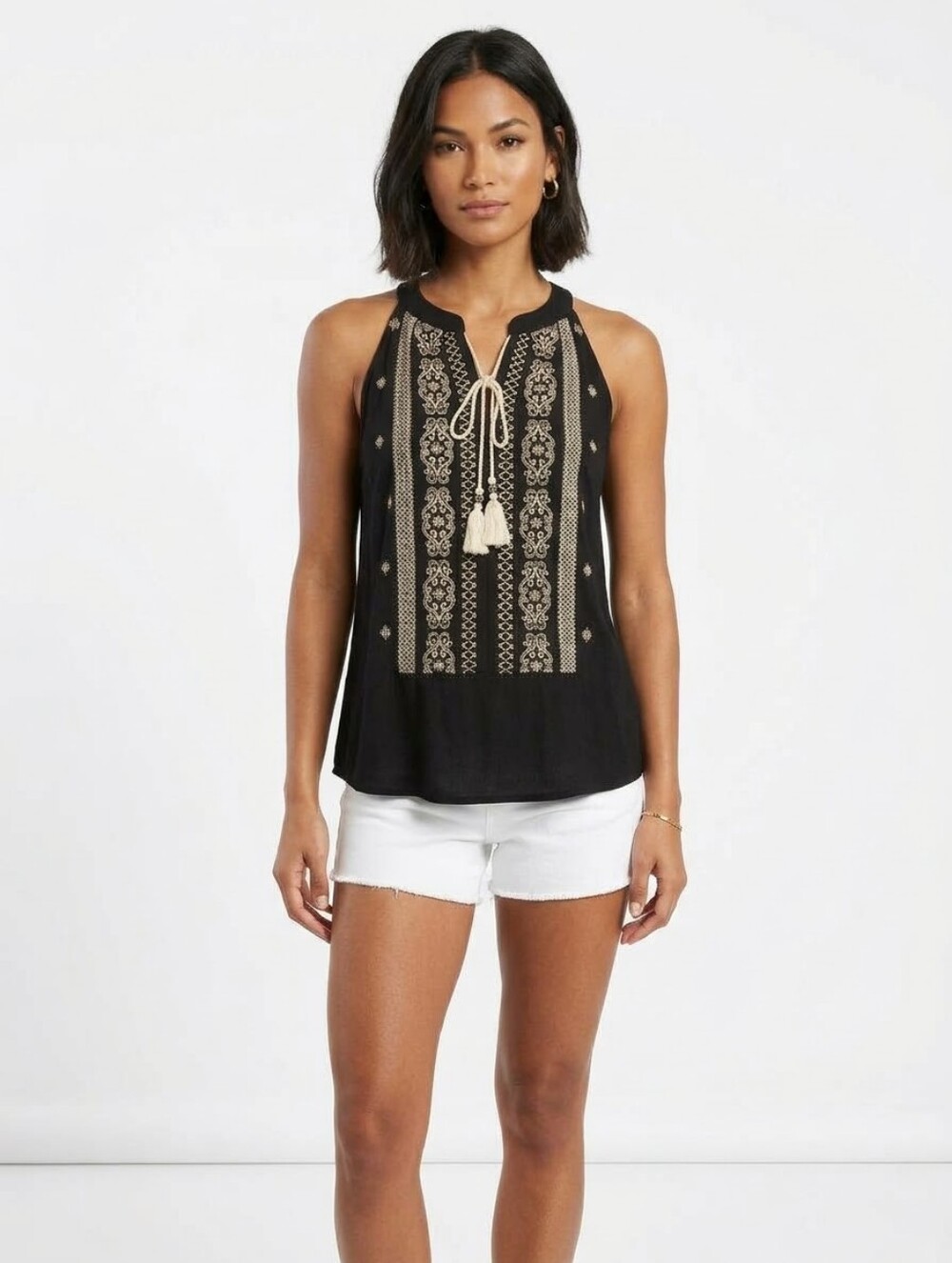 Boho Embroidered Sleeveless Halter Tank Top Tassel Tie Front Black Cream Festiva